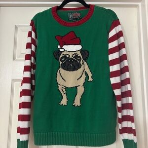 Pug Ugly Christmas Sweater Green with Red & White Striped Sleeves
